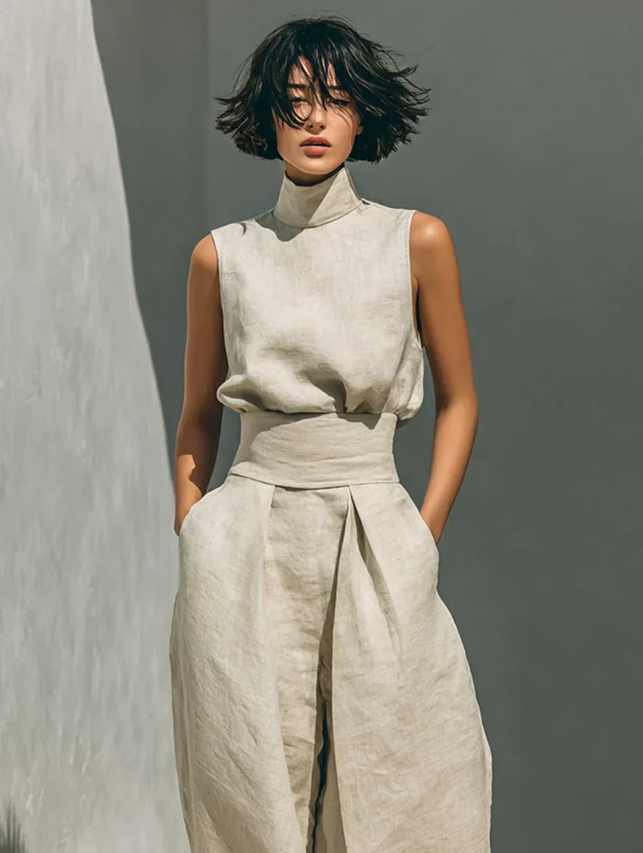 Flor™ | Minimalist two-piece set of tank top and wide-leg pants in cotton and linen for women