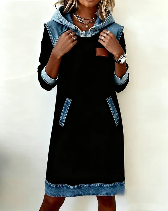 Lunariae - Casual Contrast Hooded Dress