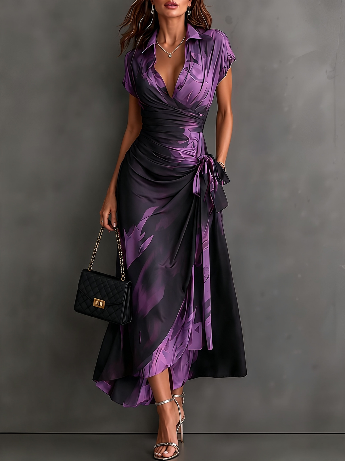 Brown Black Abstract Print Wrap Midi Dress