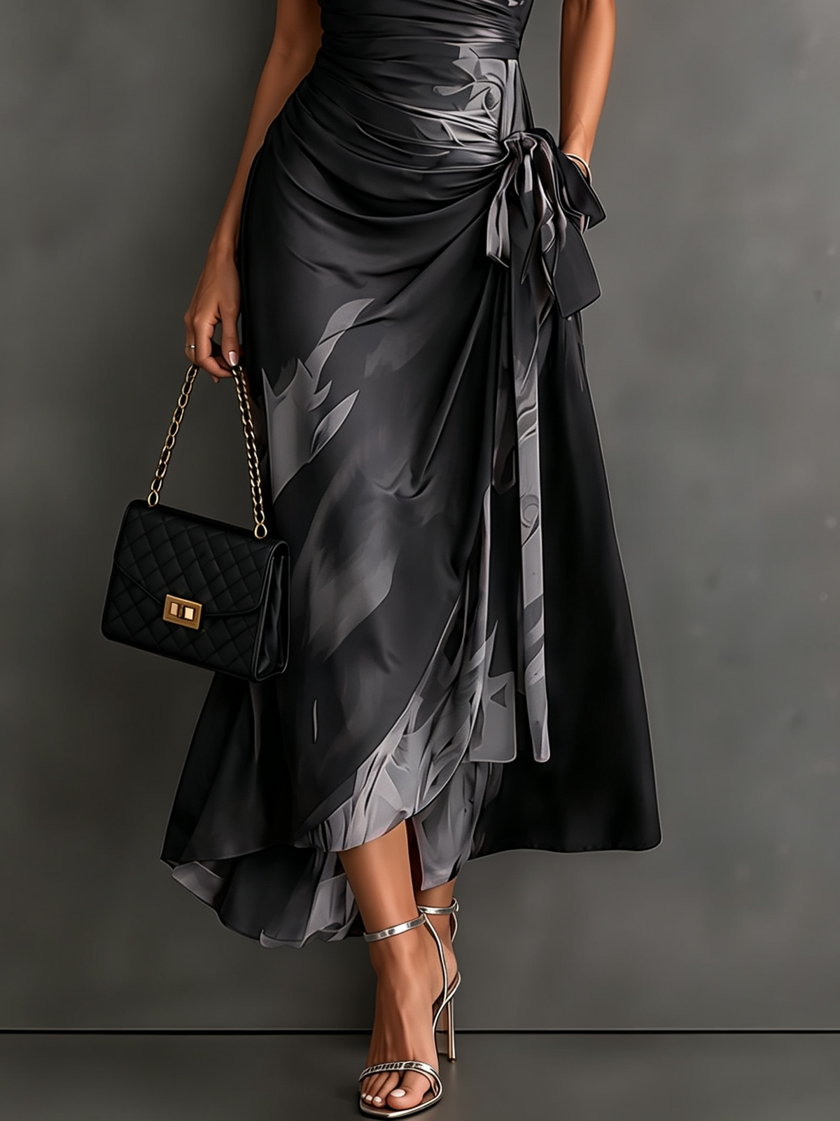 Brown Black Abstract Print Wrap Midi Dress
