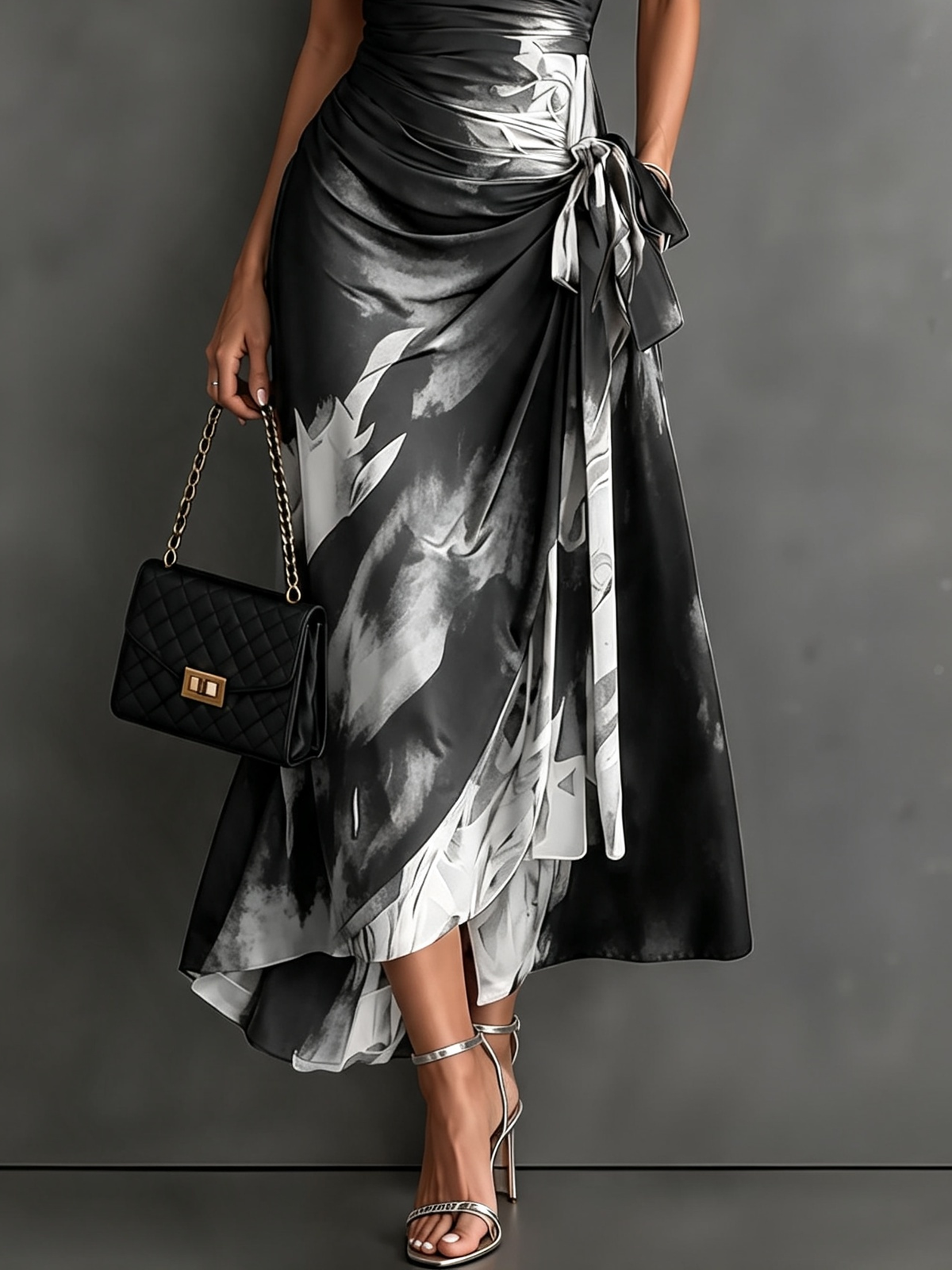 Brown Black Abstract Print Wrap Midi Dress
