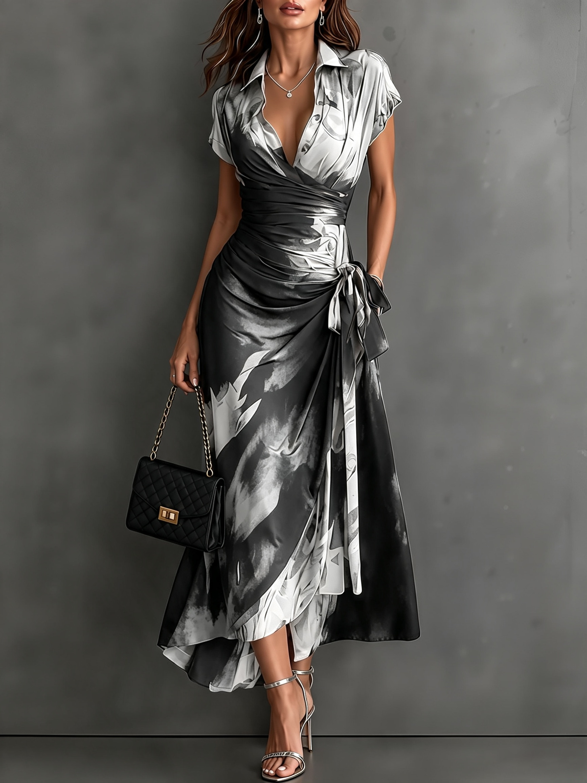 Brown Black Abstract Print Wrap Midi Dress