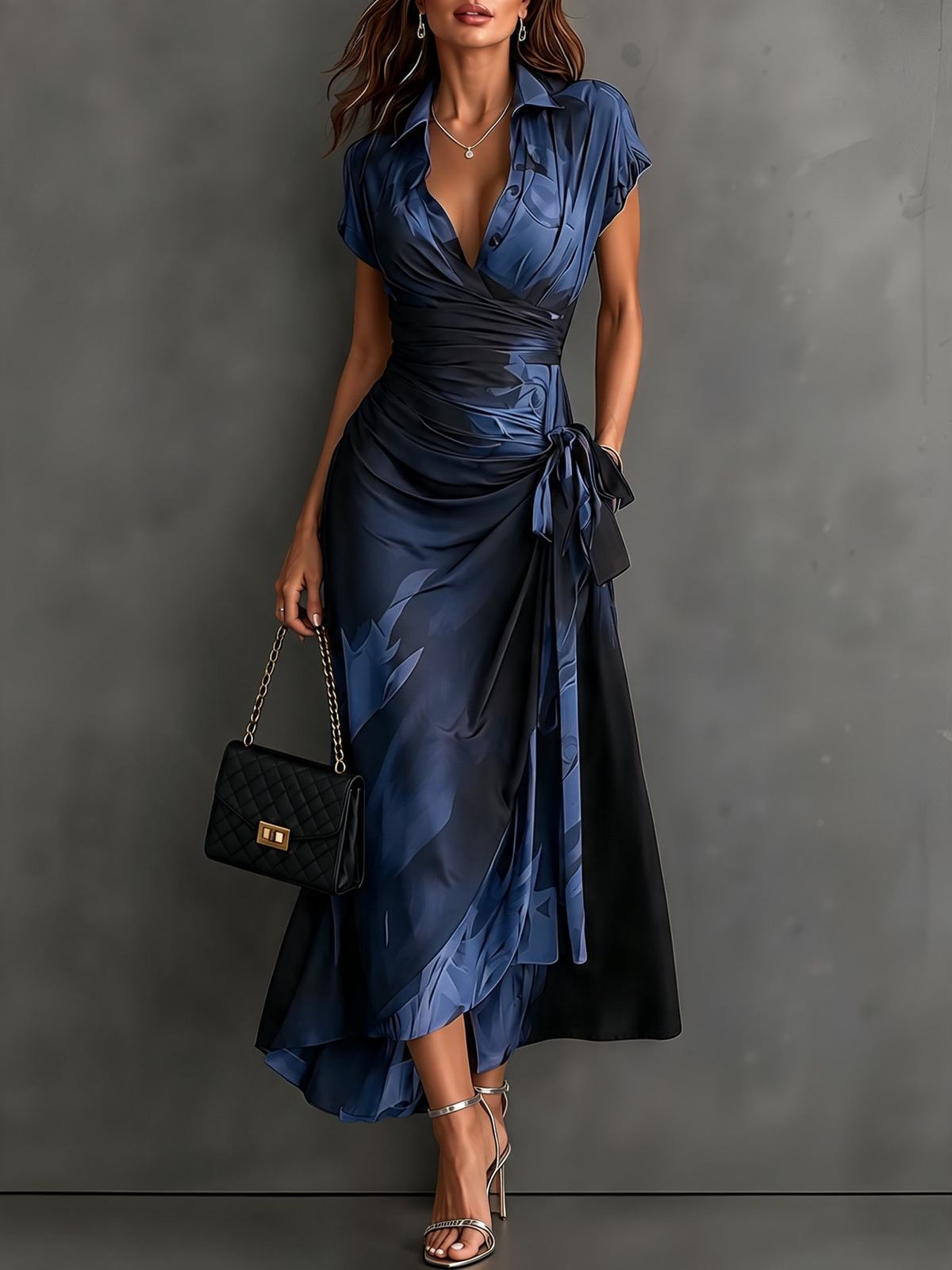 Brown Black Abstract Print Wrap Midi Dress