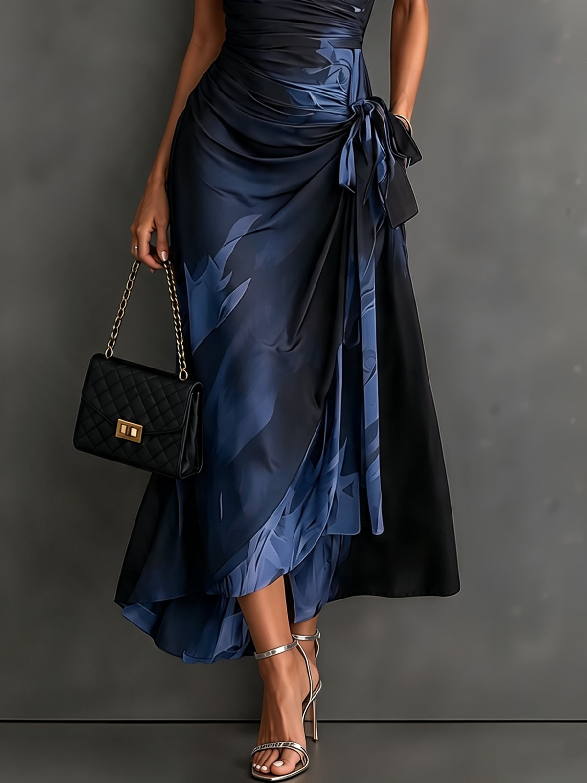 Brown Black Abstract Print Wrap Midi Dress