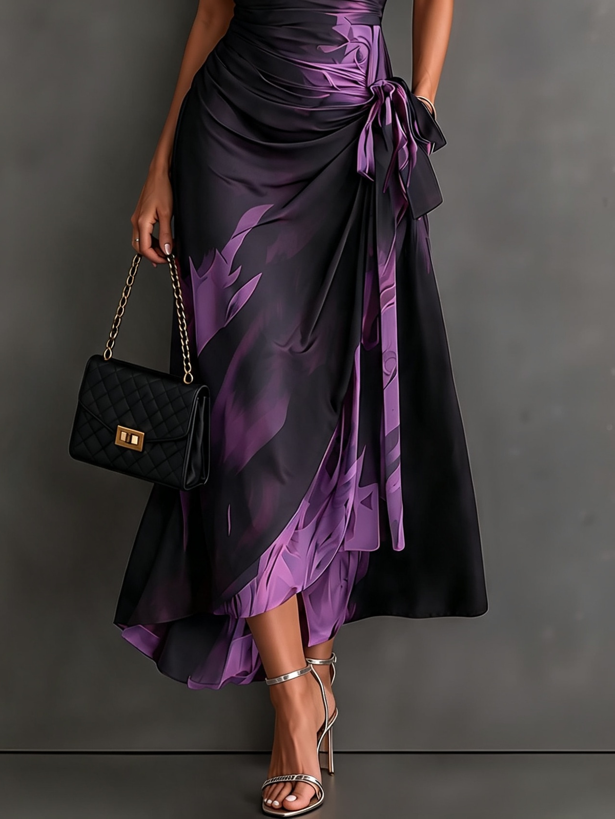 Brown Black Abstract Print Wrap Midi Dress