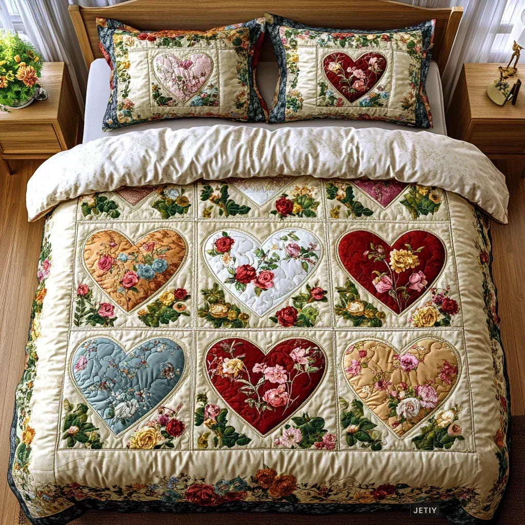 3-Piece Quilted Bedding Set – Loving Hearts