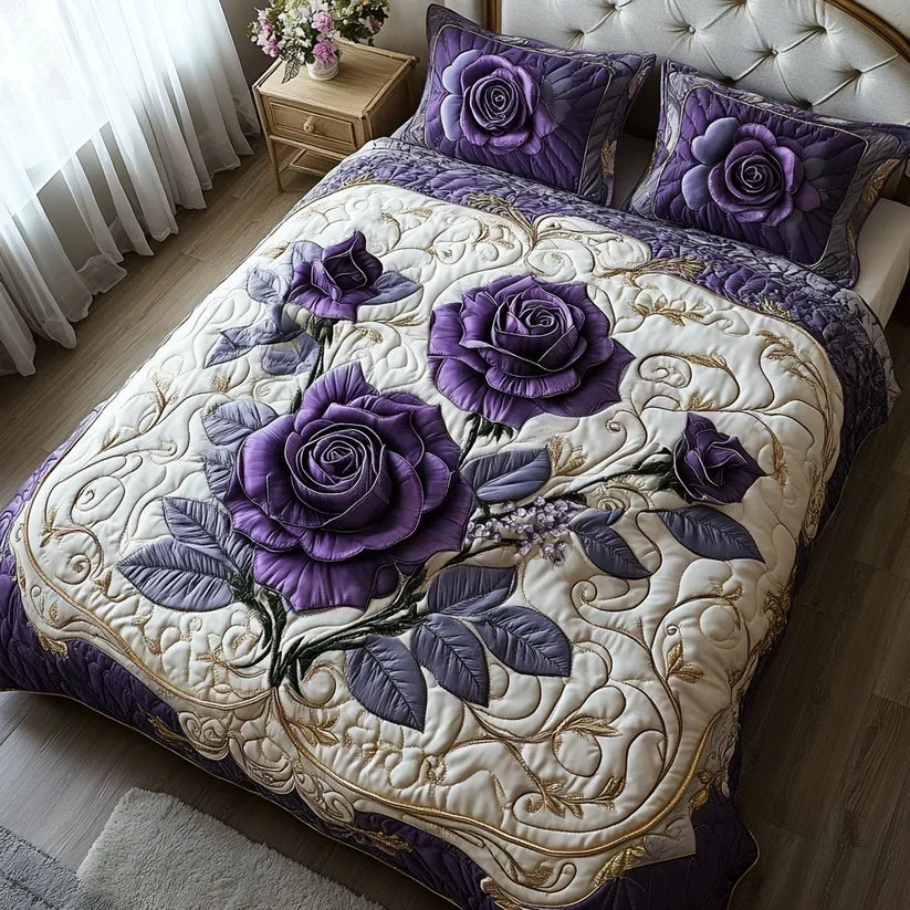3-Piece Quilted Bedding Set – Purple Rose