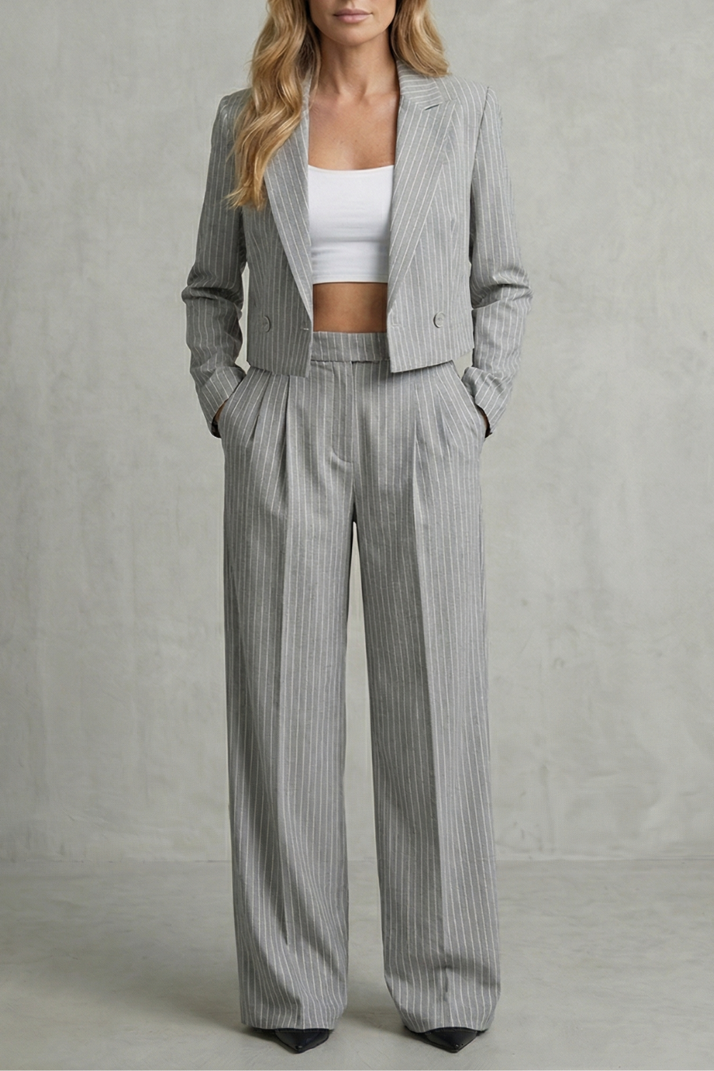 Rosalind | Pinstripe Co-Ord Set Tailored Cropped Blazer & Wide-Leg Trousers for Women