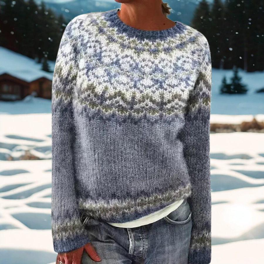 Genevieve – Warm sweater with traditionally woven pattern on the shoulders