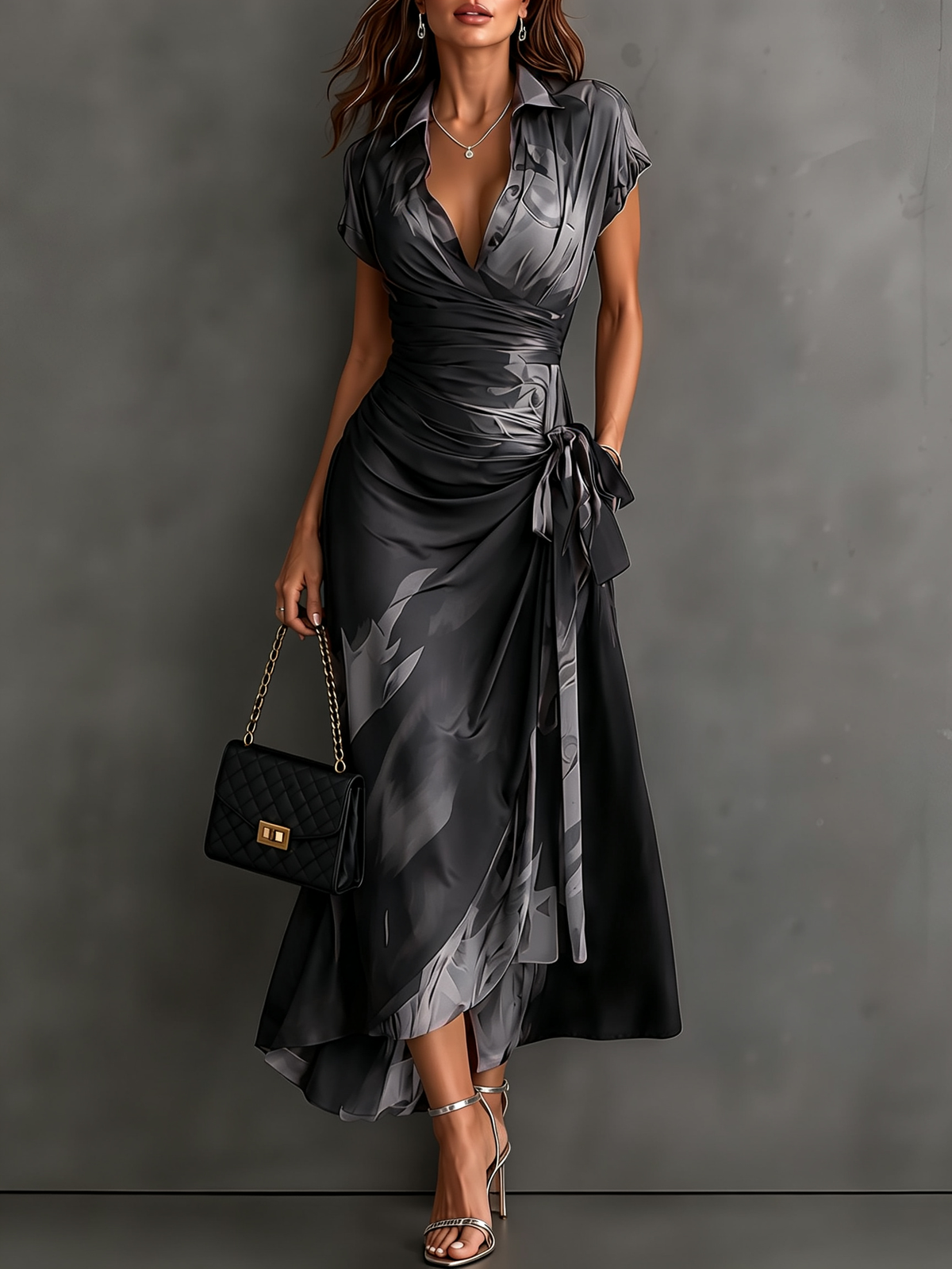 Brown Black Abstract Print Wrap Midi Dress