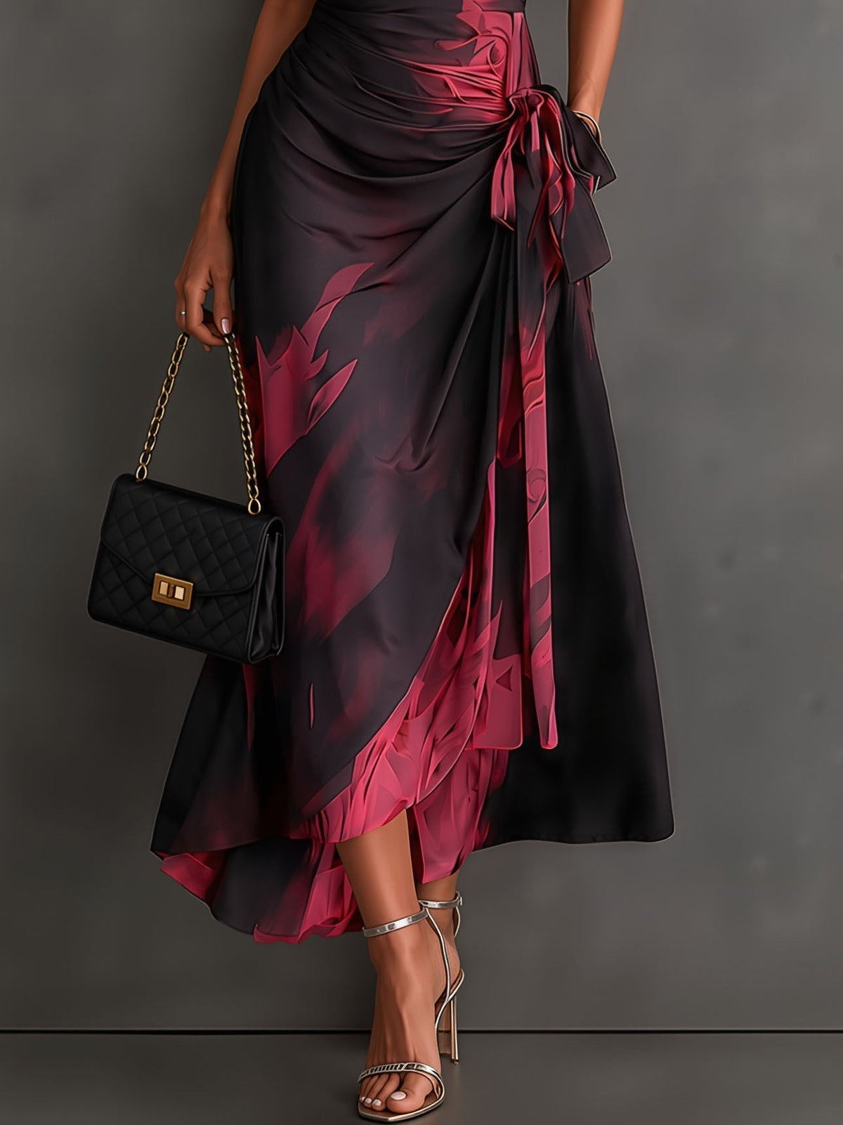 Brown Black Abstract Print Wrap Midi Dress