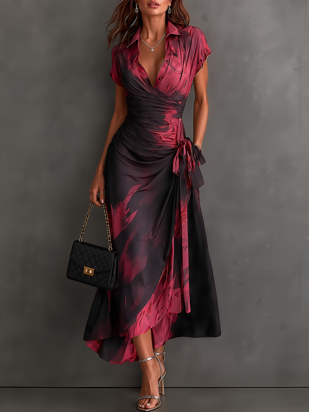 Brown Black Abstract Print Wrap Midi Dress